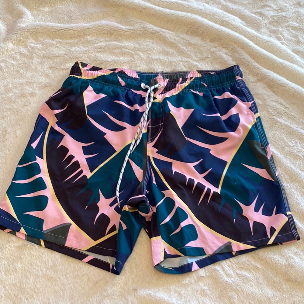 SHEIN Pink and Blue Geometric Swim Trunks